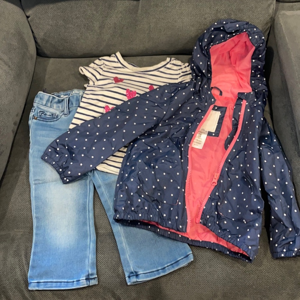 Cute outfit! 18M jeans, shirt and raincoat. All worn, but good condition.